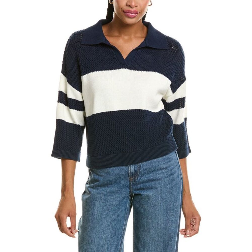 525 America Womens Johnny Collar Mesh Rugby Sweater, Blue